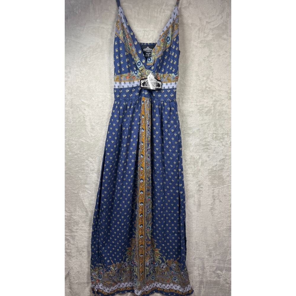 Angie NEW Womens Maxi Dress M Blue Twist Front Cut Out Slits Floral Strap Boho